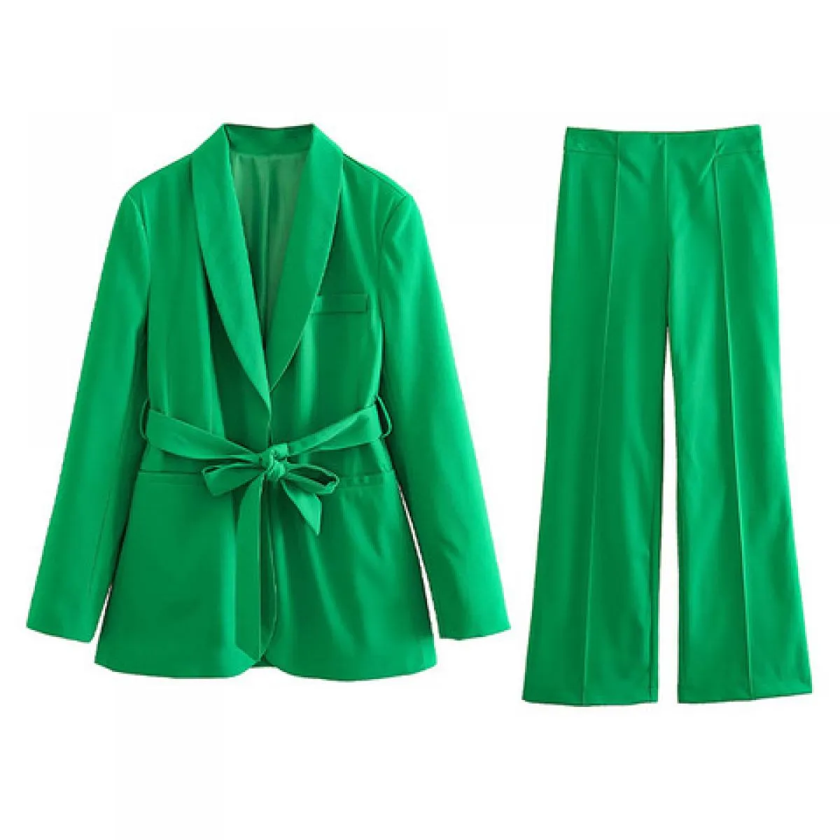 2023 Autunno Donna Scollo a V con cintura Blazer Cappotto e pantaloni Set da 2 pezzi Chic Tasche a maniche lunghe Giacca Pantalo