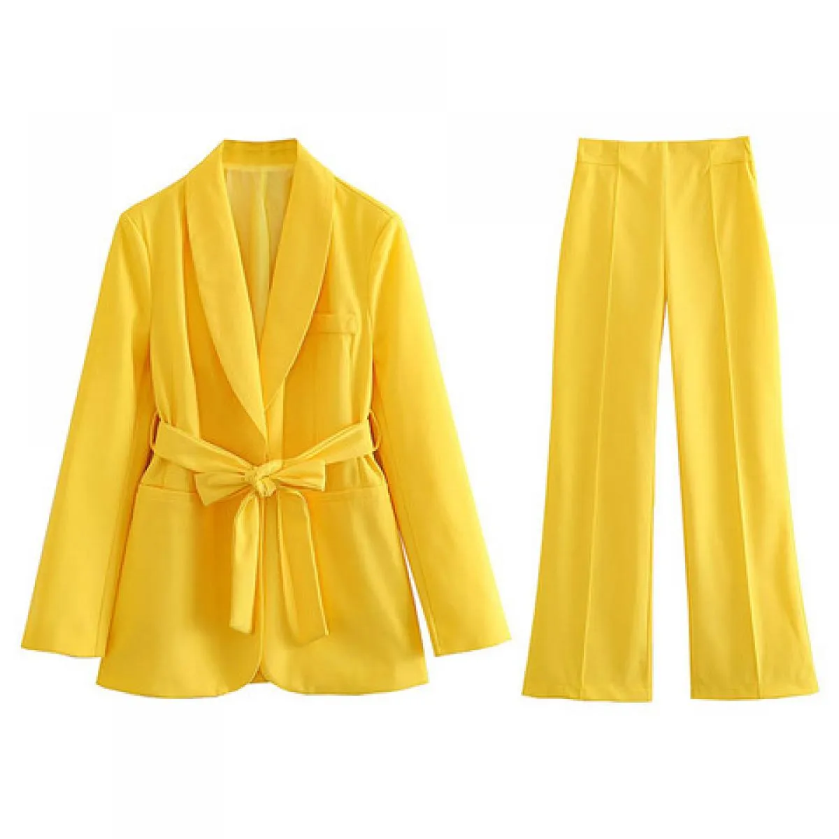 2023 Autunno Donna Scollo a V con cintura Blazer Cappotto e pantaloni Set da 2 pezzi Chic Tasche a maniche lunghe Giacca Pantalo