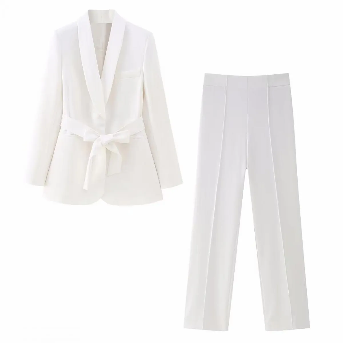 2023 Autunno Donna Scollo a V con cintura Blazer Cappotto e pantaloni Set da 2 pezzi Chic Tasche a maniche lunghe Giacca Pantalo