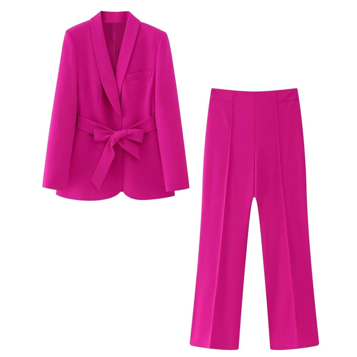 2023 Autunno Donna Scollo a V con cintura Blazer Cappotto e pantaloni Set da 2 pezzi Chic Tasche a maniche lunghe Giacca Pantalo