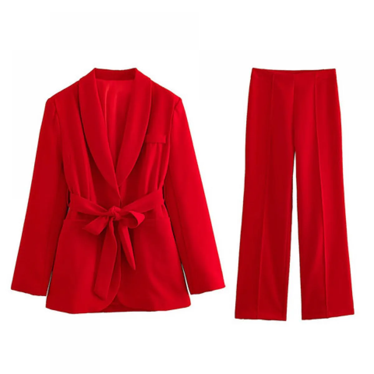 2023 Autunno Donna Scollo a V con cintura Blazer Cappotto e pantaloni Set da 2 pezzi Chic Tasche a maniche lunghe Giacca Pantalo