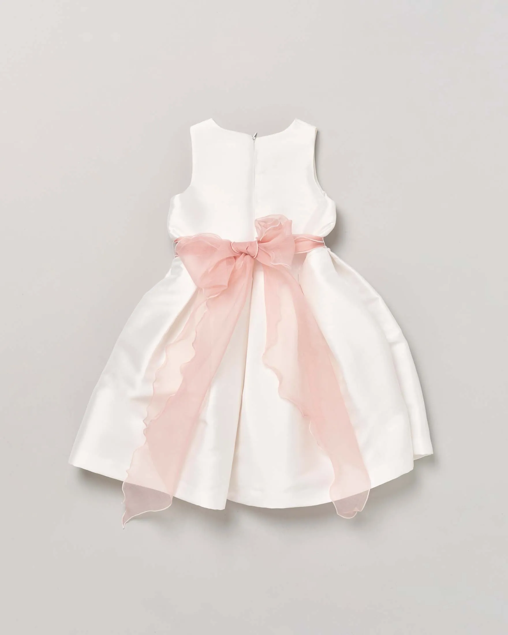 Abito bianco effetto lucido smanicato con gonna ampia e fascia floreale rosa antico 9 anni