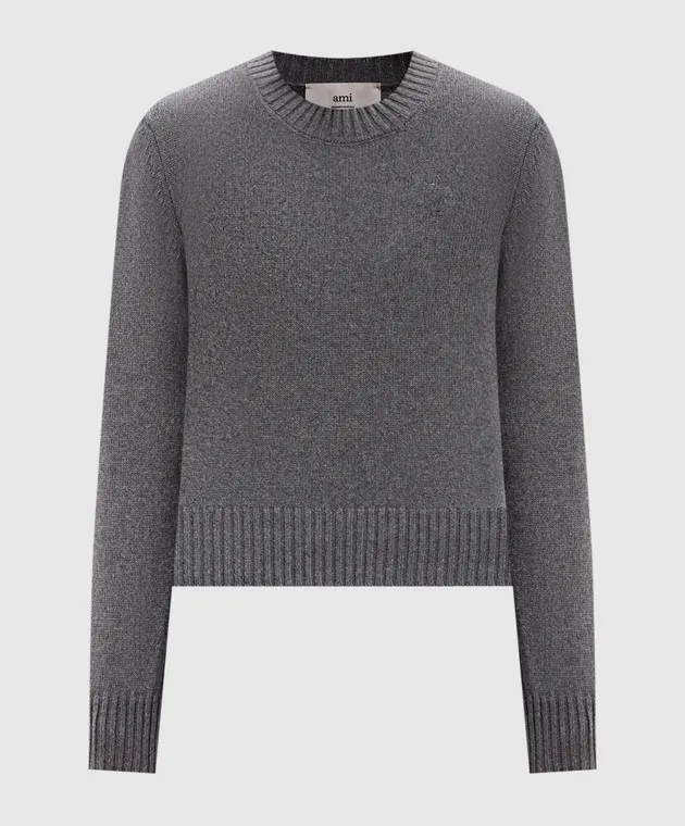 Ami Paris Maglia grigia in lana e cashmere con ricamo Ami de Coeur FKS057005