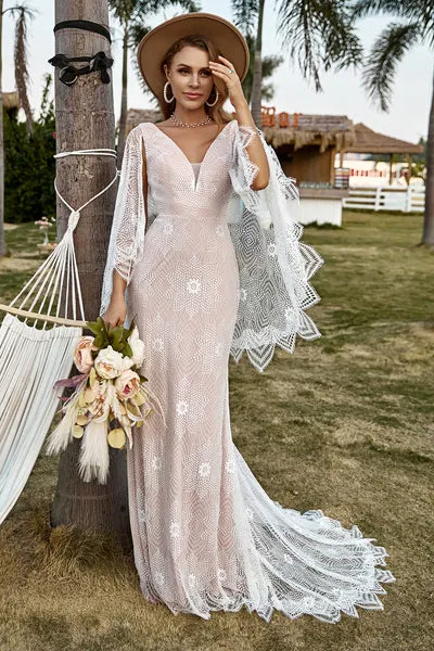 Avorio e champagne pizzo Boho abito da sposa con mantella