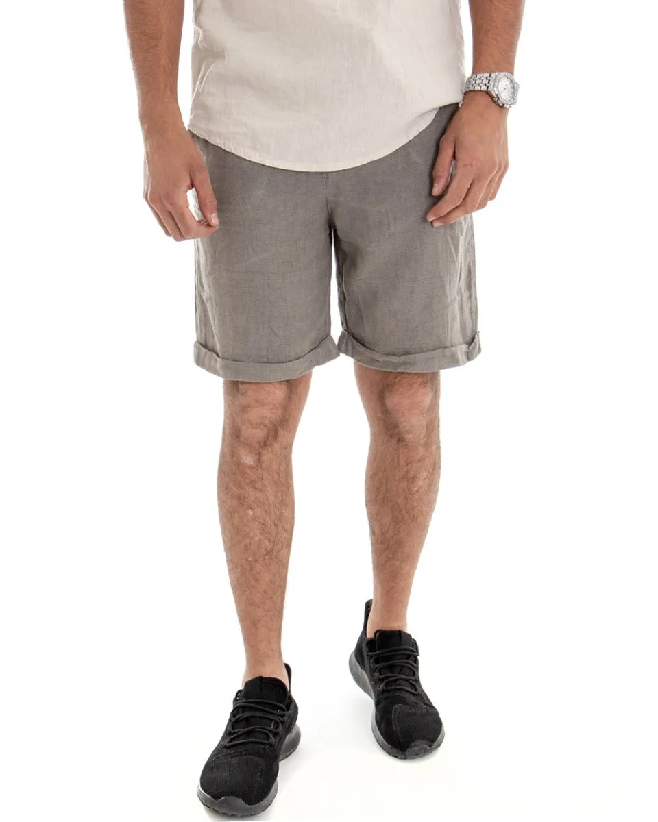 Bermuda Pantaloncino Uomo Corto Lino Tinta Unita Fango Tasca America GIOSAL-PC1649A