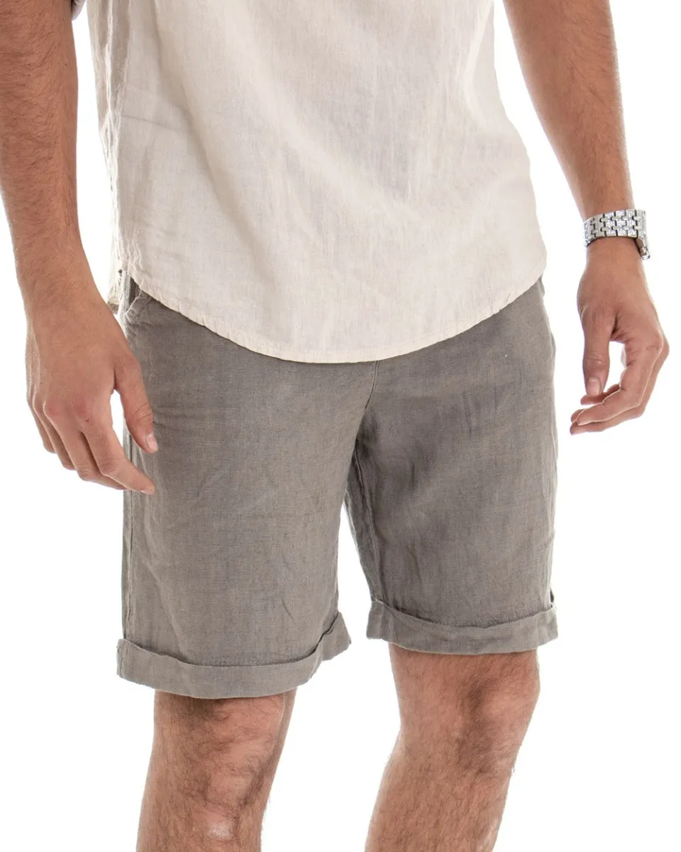 Bermuda Pantaloncino Uomo Corto Lino Tinta Unita Fango Tasca America GIOSAL-PC1649A