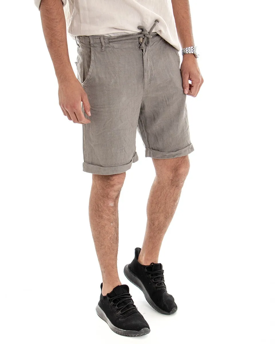 Bermuda Pantaloncino Uomo Corto Lino Tinta Unita Fango Tasca America GIOSAL-PC1649A