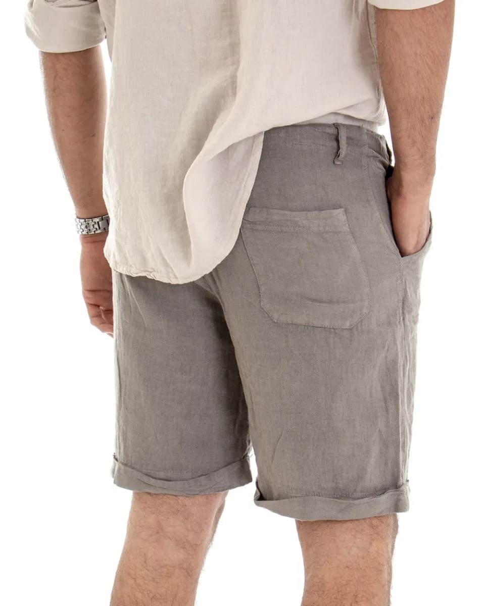 Bermuda Pantaloncino Uomo Corto Lino Tinta Unita Fango Tasca America GIOSAL-PC1649A