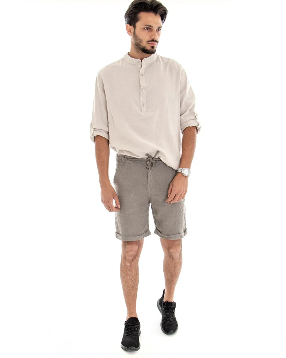 Bermuda Pantaloncino Uomo Corto Lino Tinta Unita Fango Tasca America GIOSAL-PC1649A