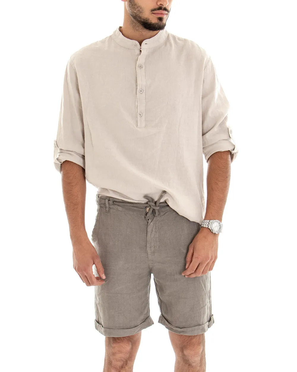 Bermuda Pantaloncino Uomo Corto Lino Tinta Unita Fango Tasca America GIOSAL-PC1649A