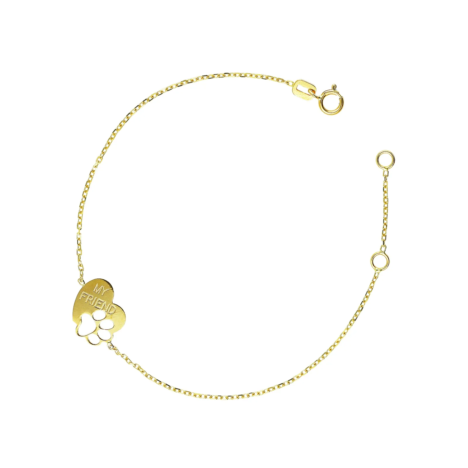 Bracciale in oro giallo 18k con cuore e zampa cagnolino, 16+2 cm