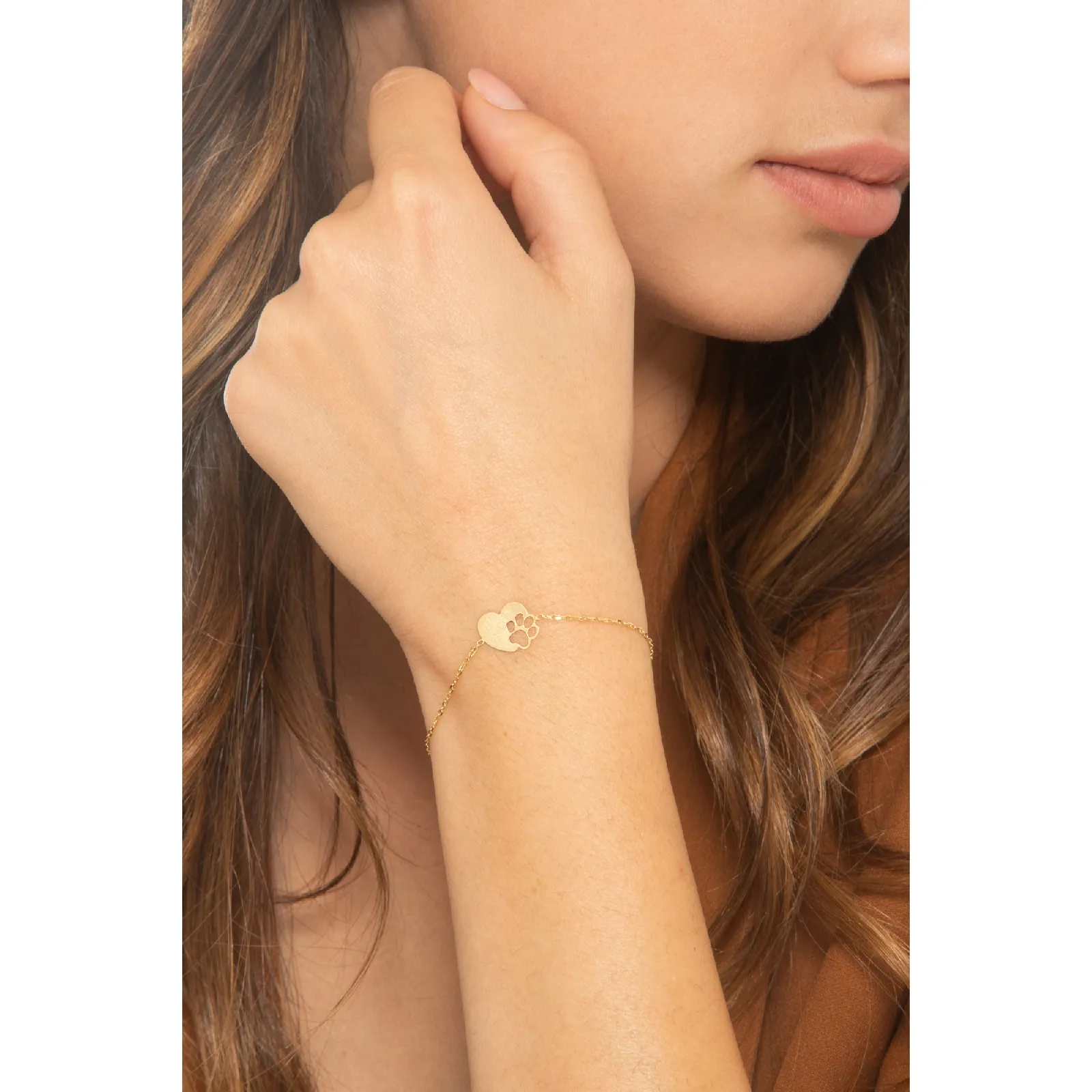 Bracciale in oro giallo 18k con cuore e zampa cagnolino, 16+2 cm