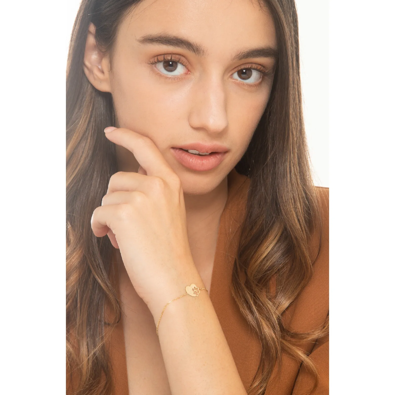 Bracciale in oro giallo 18k con cuore e zampa cagnolino, 16+2 cm
