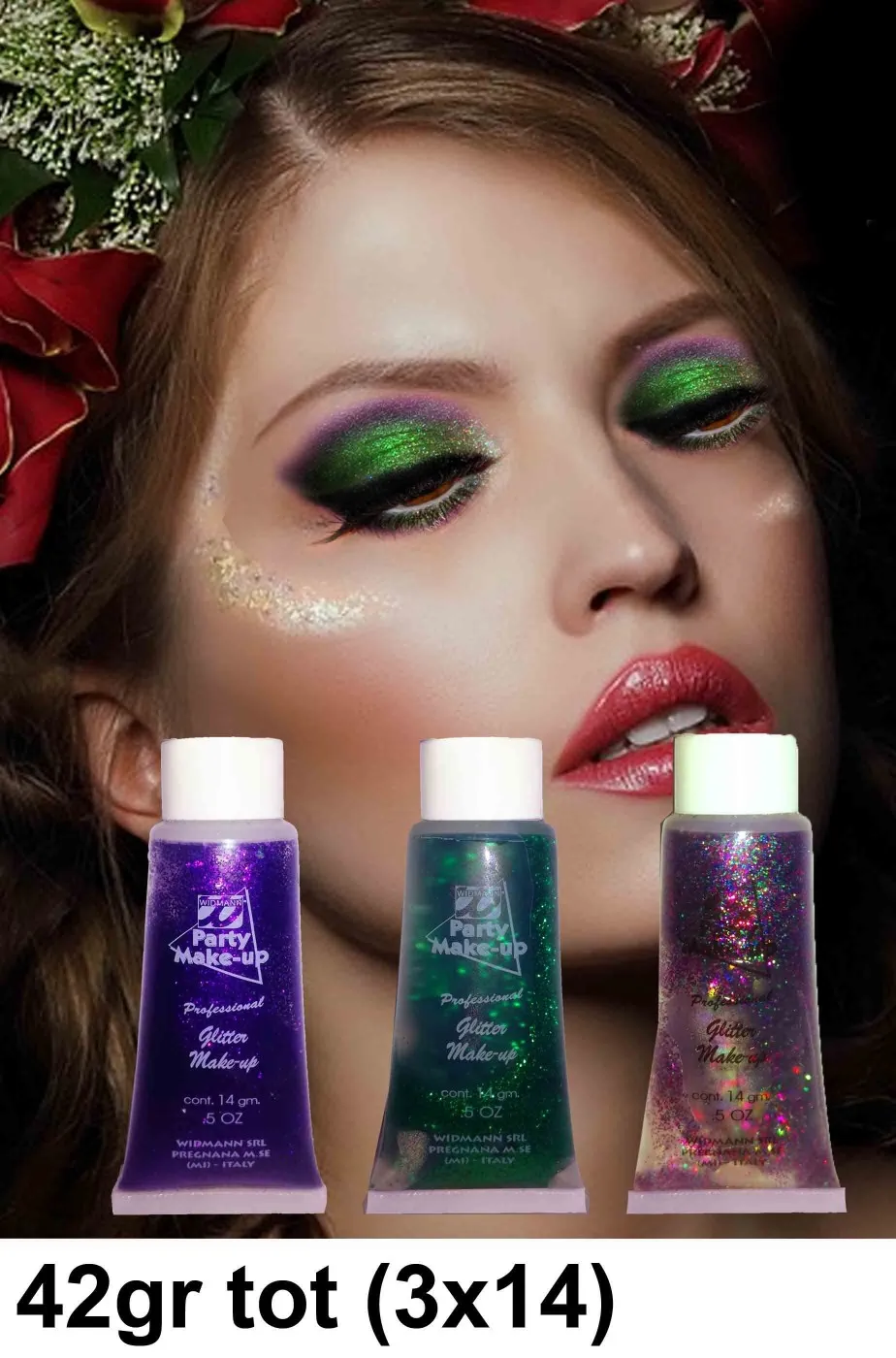 Brillantini per trucco in gel pacchetto fata tre colori viola, verde, arcobaleno