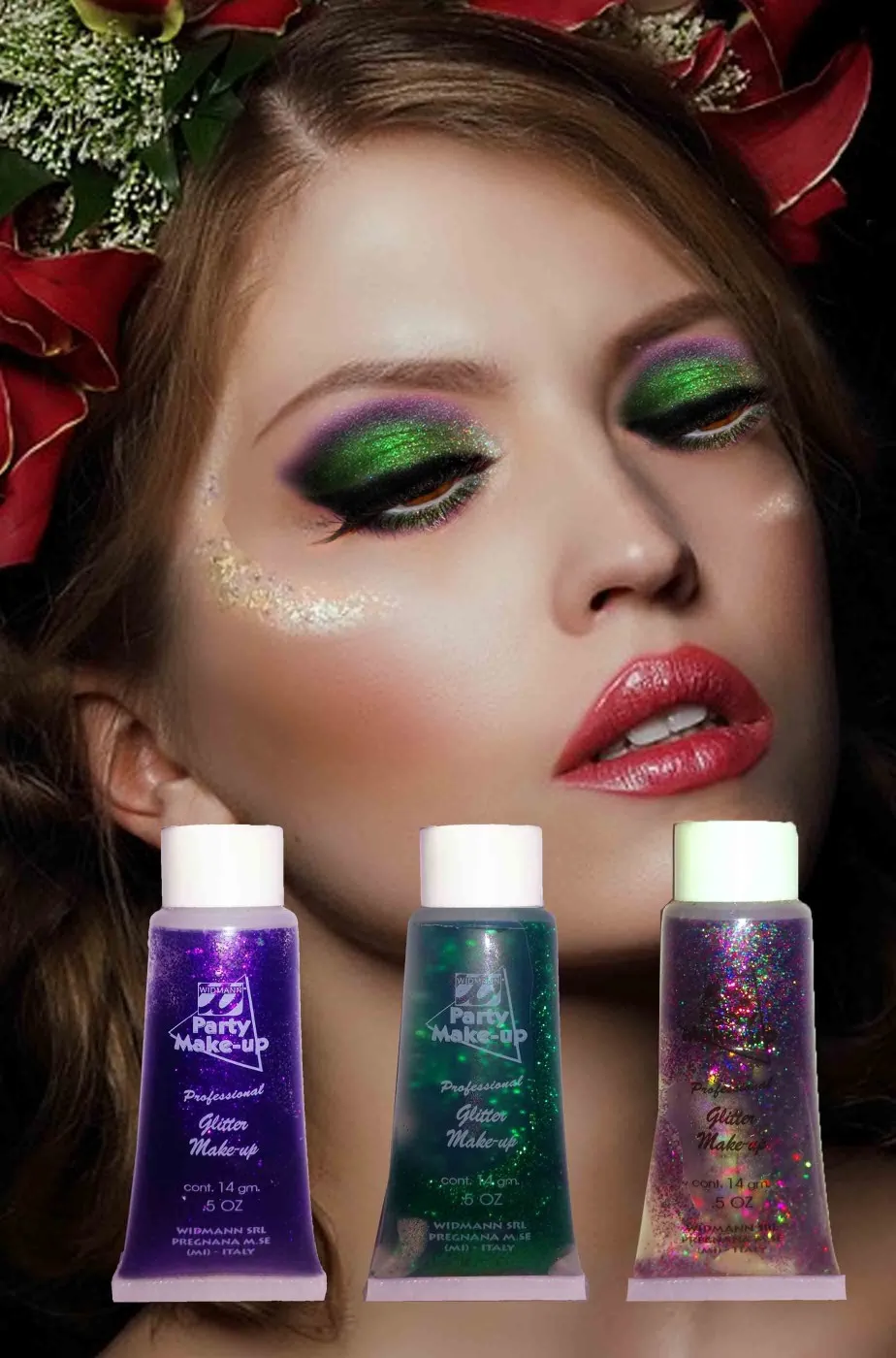 Brillantini per trucco in gel pacchetto fata tre colori viola, verde, arcobaleno