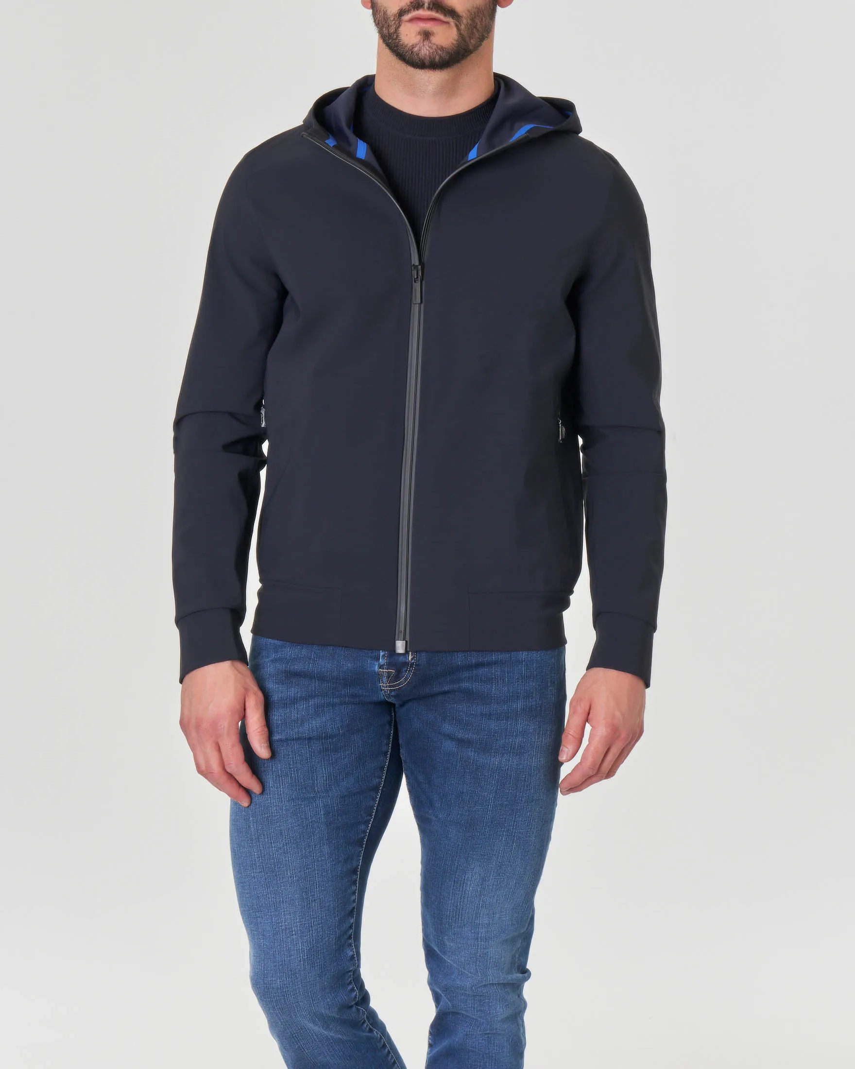 Giacca Summer Soft blu in tessuto tecnico stretch con cappuccio e cerniera termonastrata