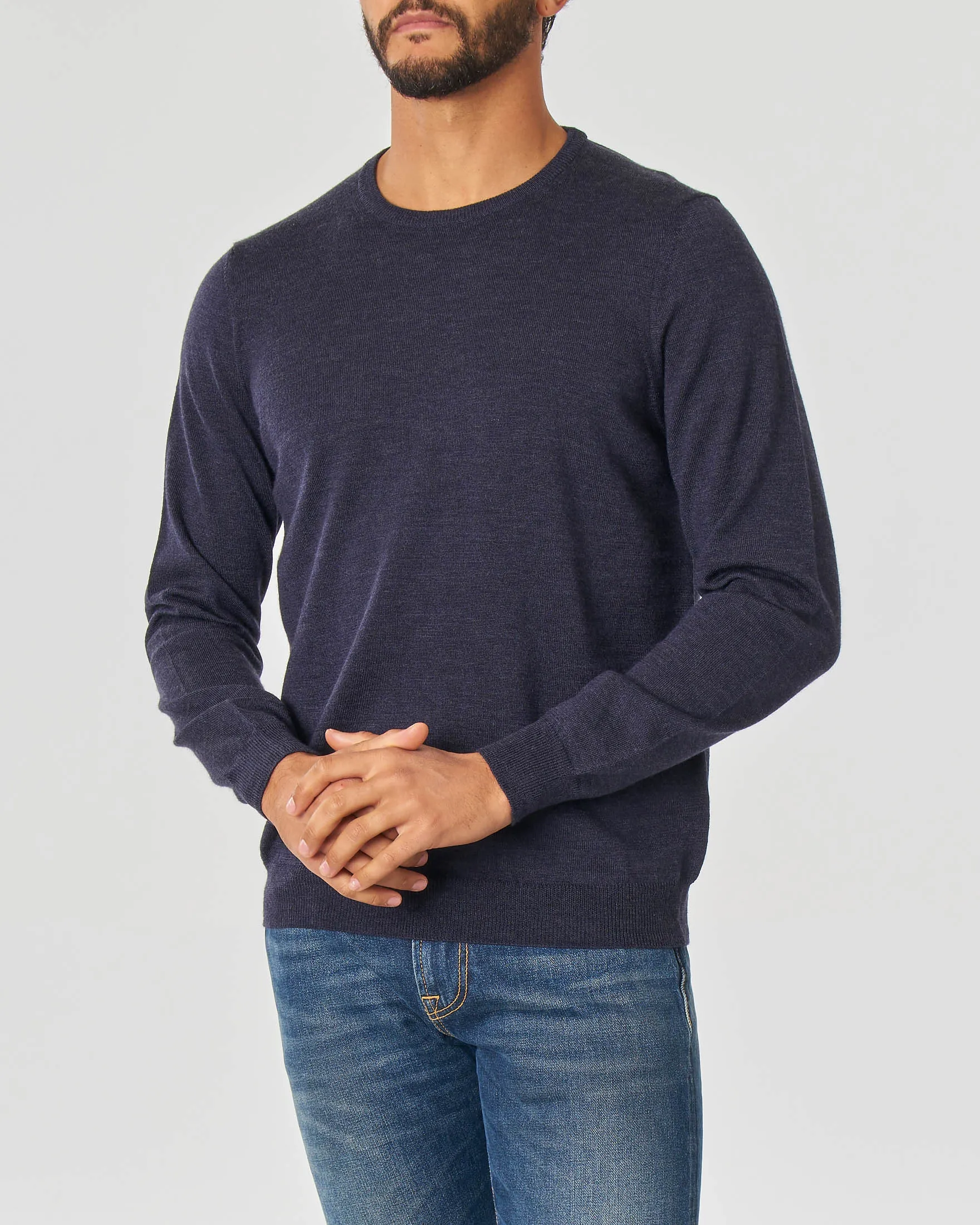 Maglia blu melange girocollo in lana merino