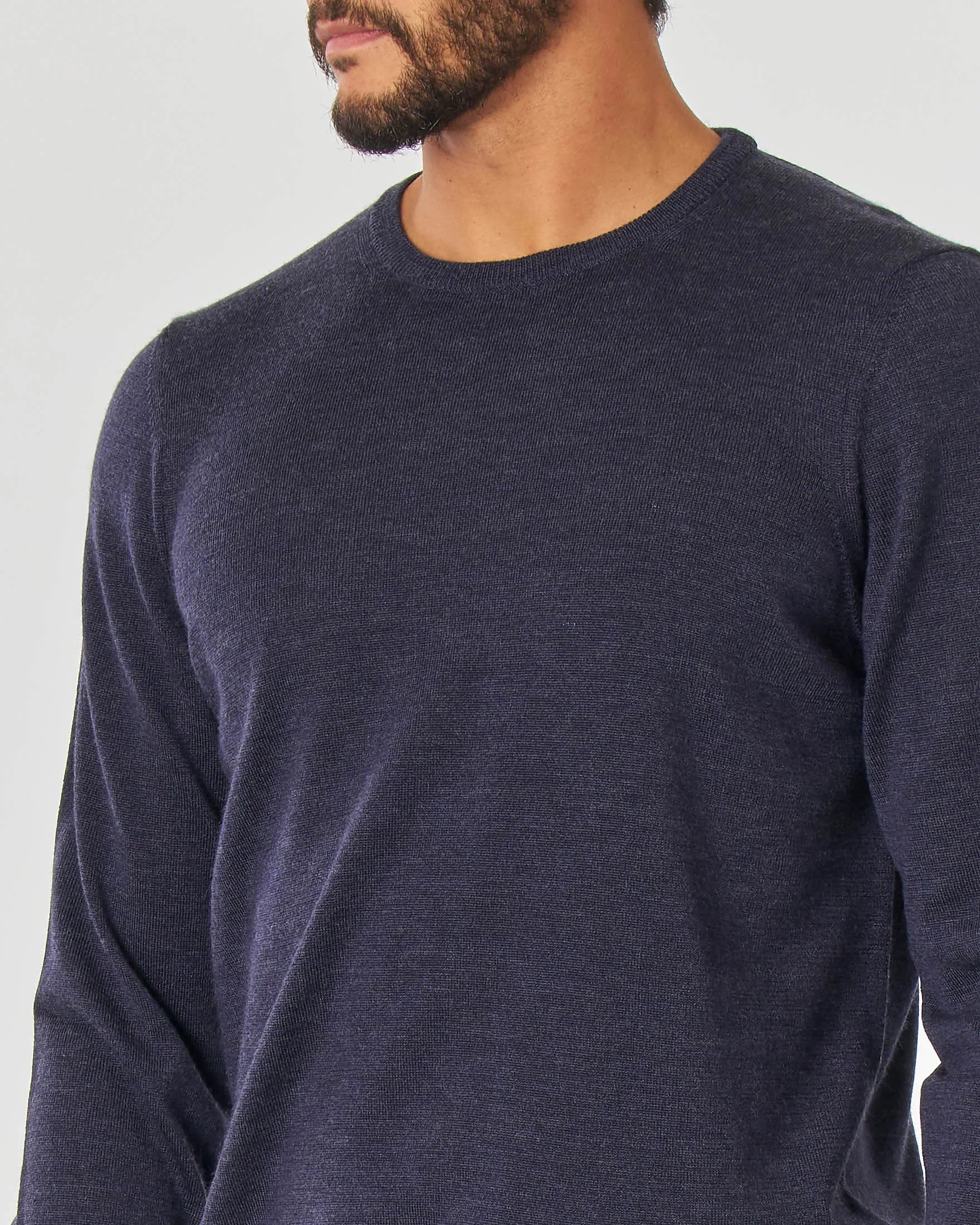 Maglia blu melange girocollo in lana merino