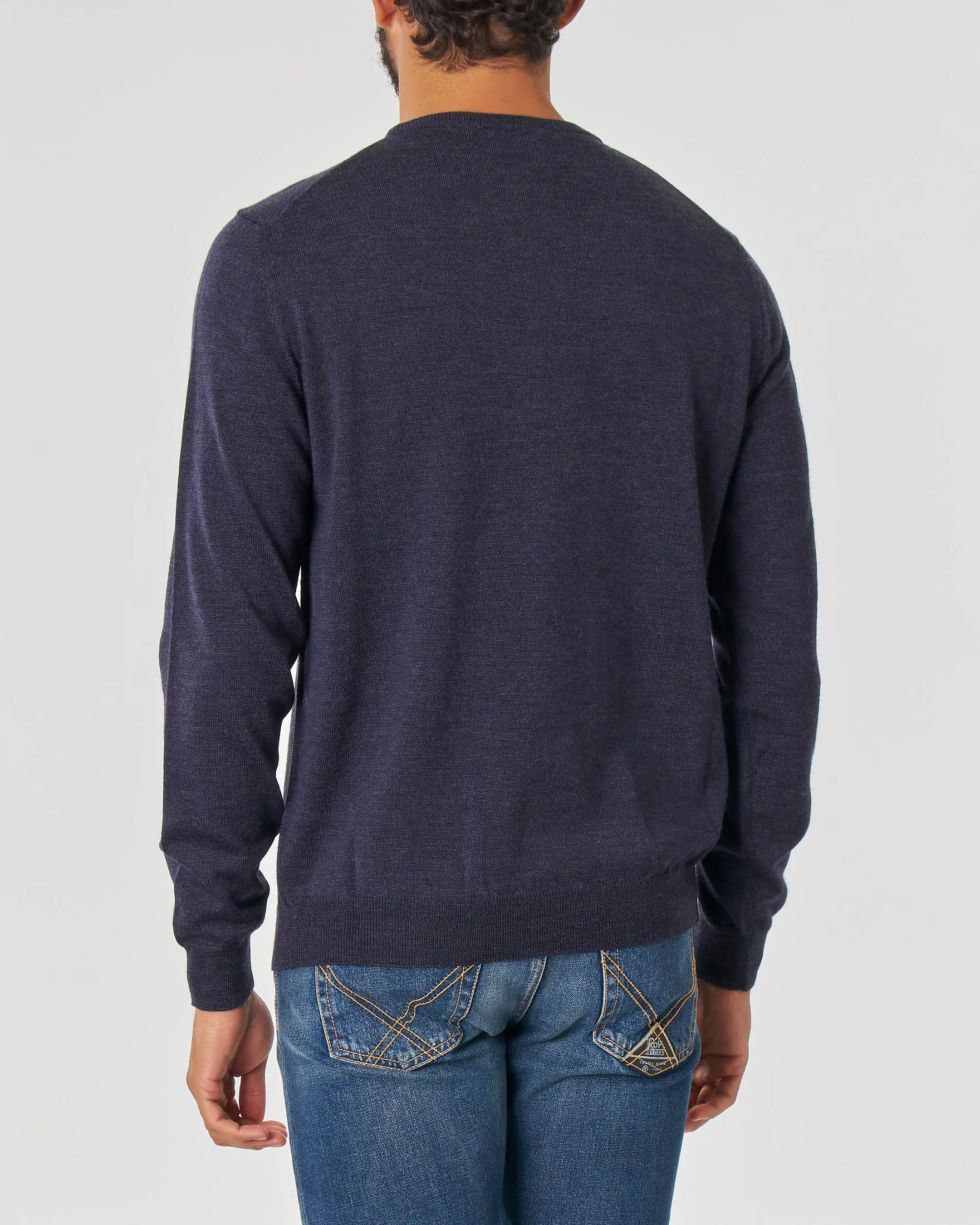 Maglia blu melange girocollo in lana merino