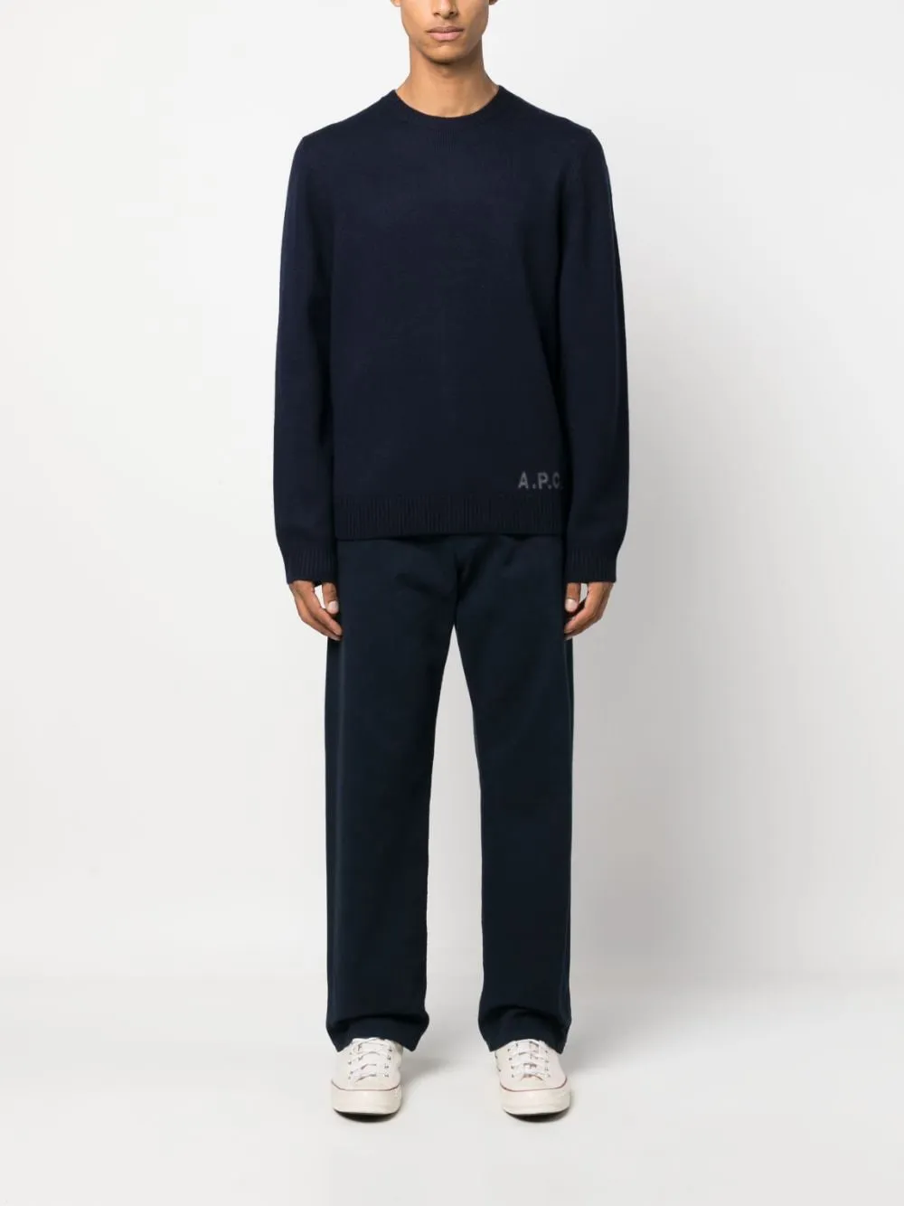 maglione blu logo a intarsio