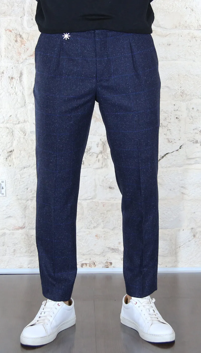 Manuel Ritz Pantalone baggy fit con pinces overcheck in lana