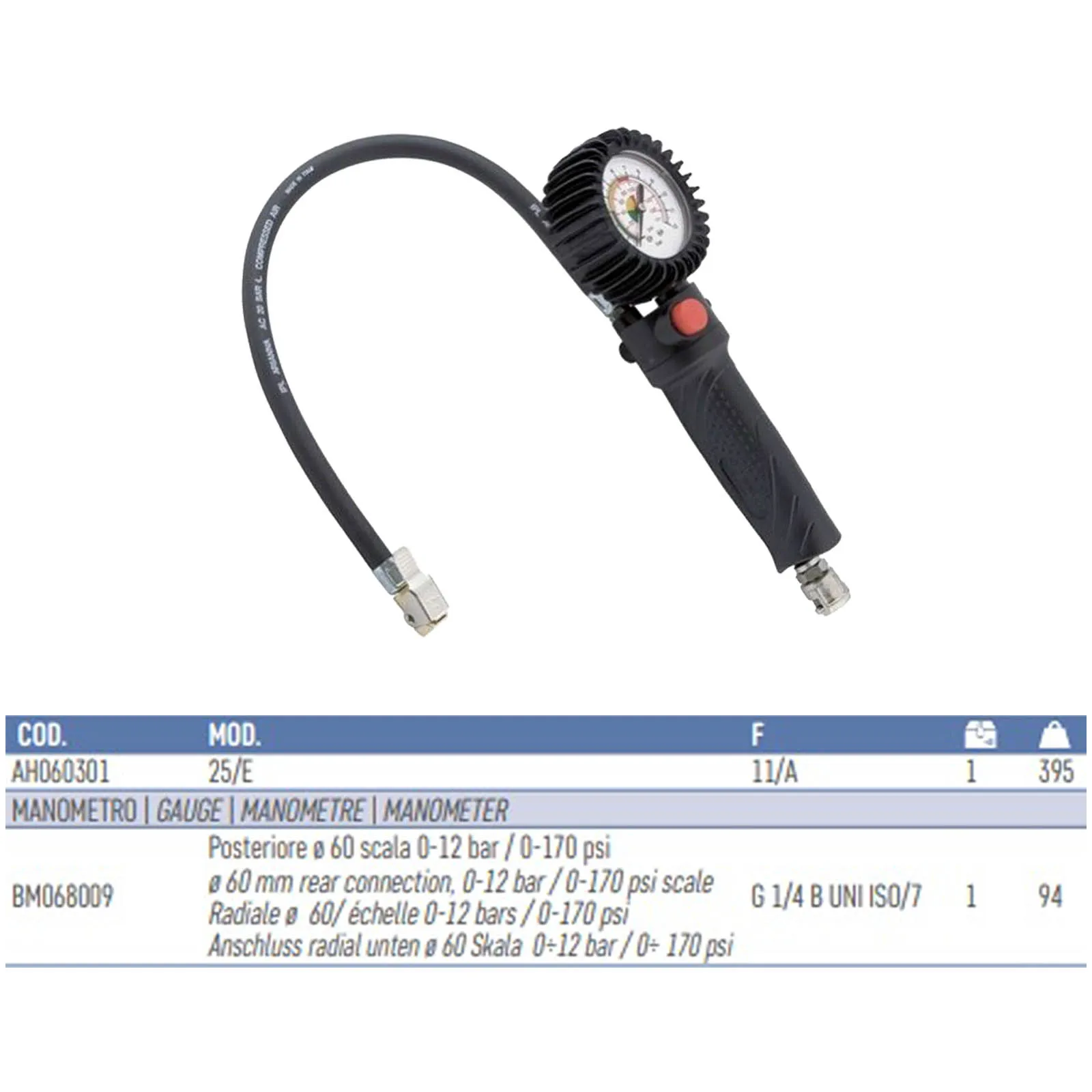 Pistola per Gonfiaggio Pneumatici ANI con Manometro 60mm per Compressore Controllo Pressione Professionale 25/E