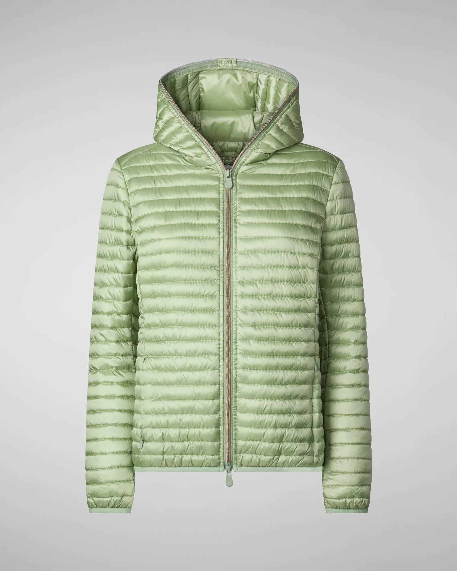 Piumino leggero verde menta modello Alexa in tessuto effetto raso con cappuccio fisso