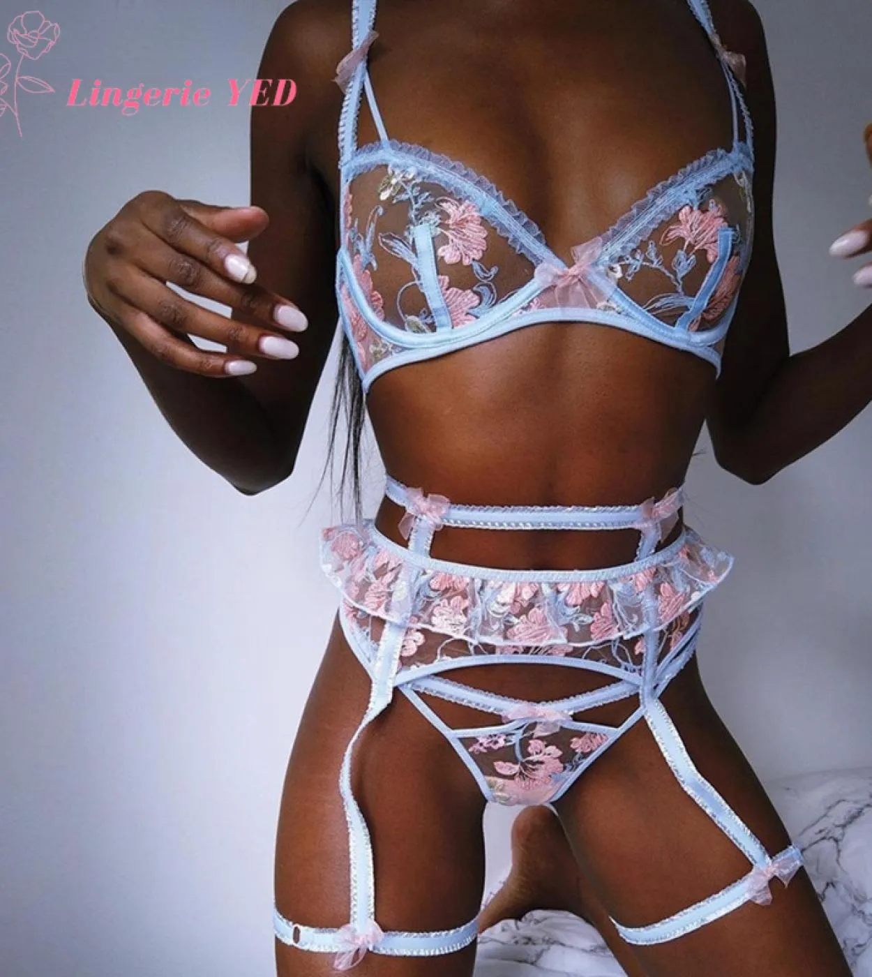 Set reggiseno in pizzo con fiocco ricamato a 3 pezzi Set reggiseno floreale trasparente con ferretto  intimo slip Set intimo li