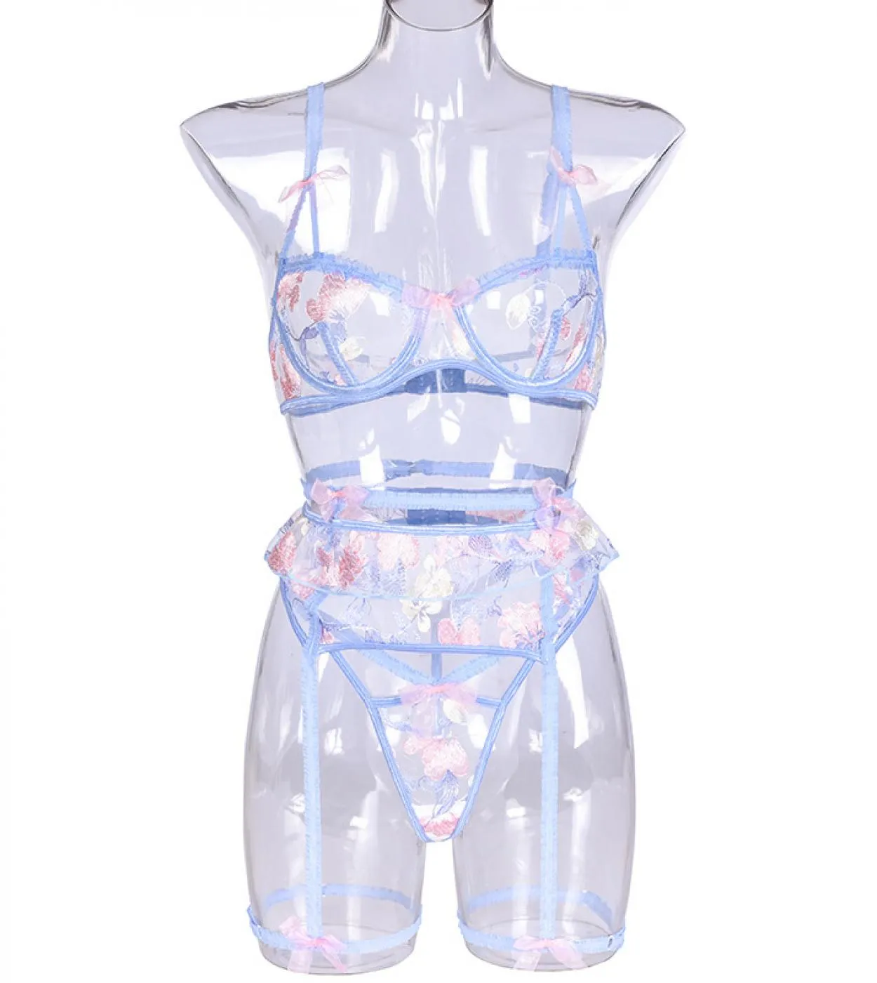 Set reggiseno in pizzo con fiocco ricamato a 3 pezzi Set reggiseno floreale trasparente con ferretto  intimo slip Set intimo li
