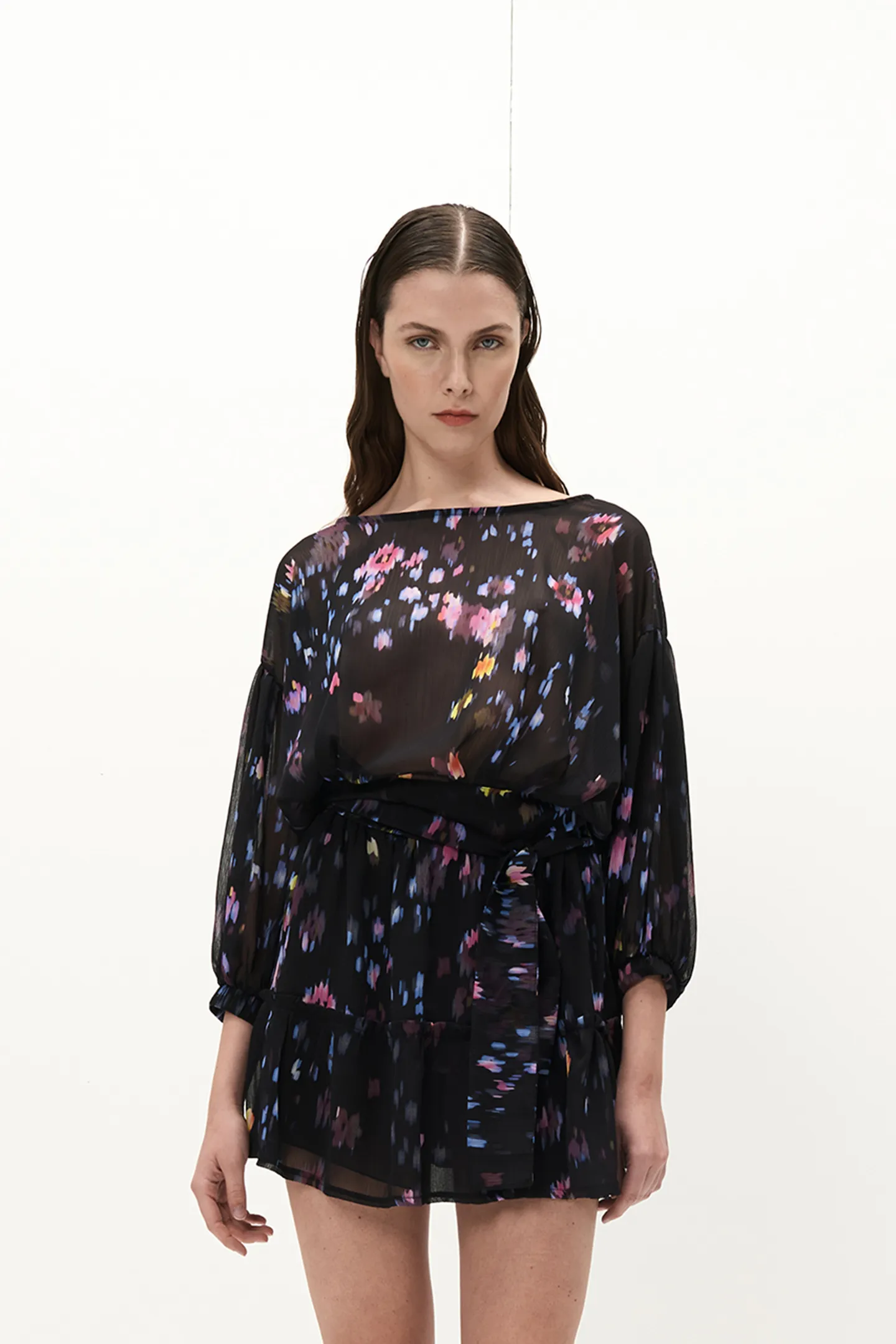 SHORT BLOUSE BOW SMALL FLOWER PATTERN